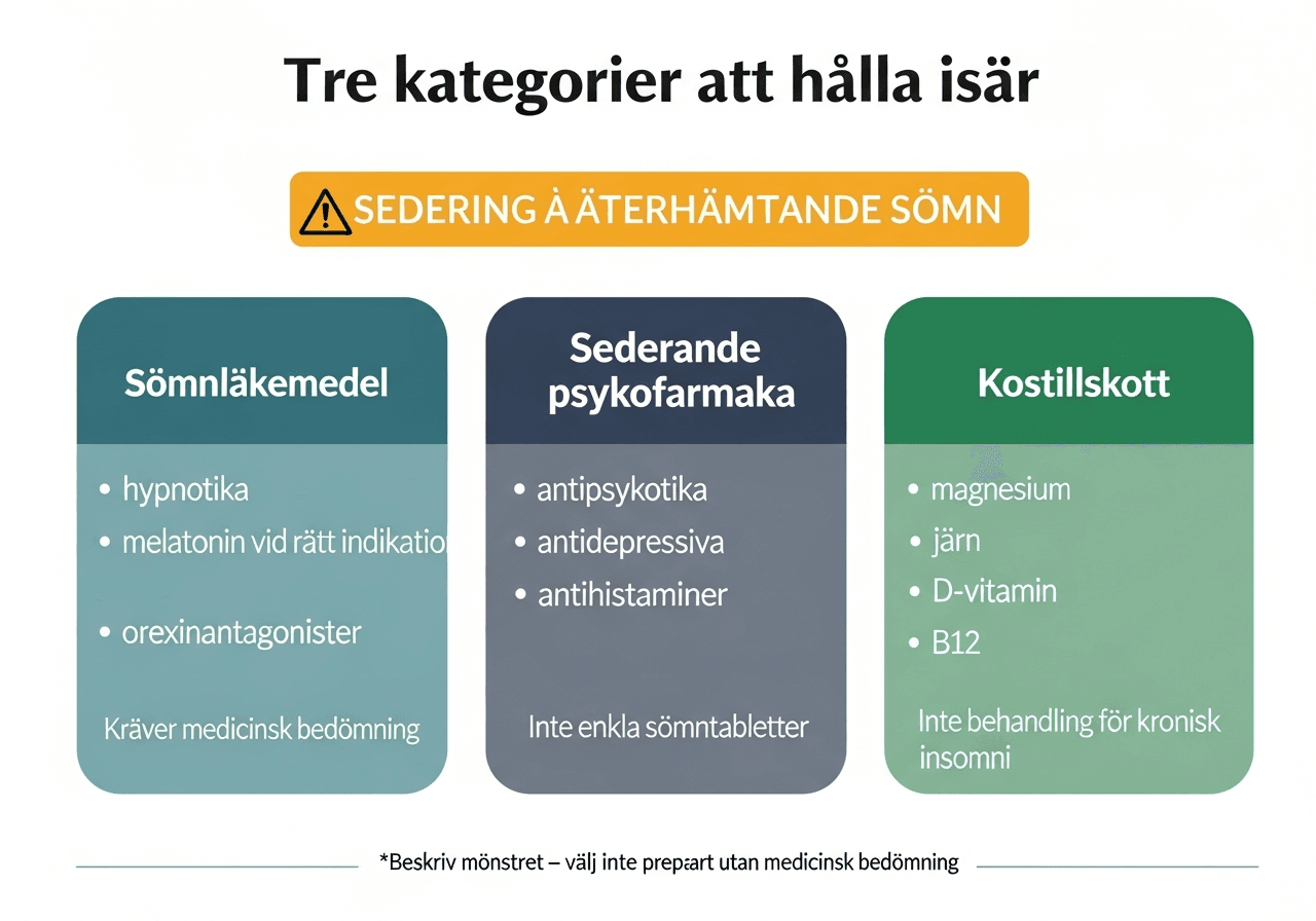Tre kategorier att hålla isär: sömnläkemedel, sederande psykofarmaka och kosttillskott