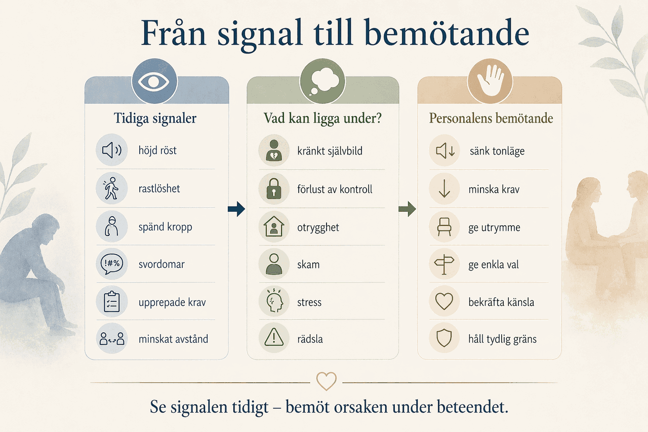 Flödesmodell från tidiga signaler till möjlig orsak och lämpligt bemötande